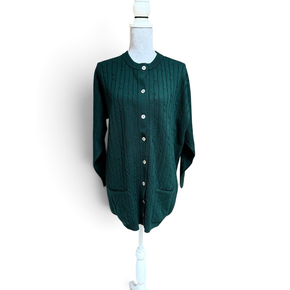 Pringle of Scotland Cable Knit Cardigan L Green Lambswool Button Front Heritage